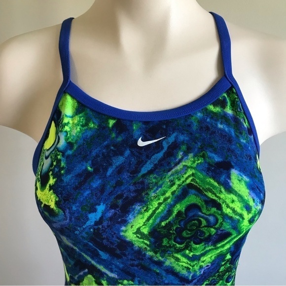 90s Vintage Nike One Piece Bathing Swim Suit Blue Neon Green Size Small - Picture 5 of 9